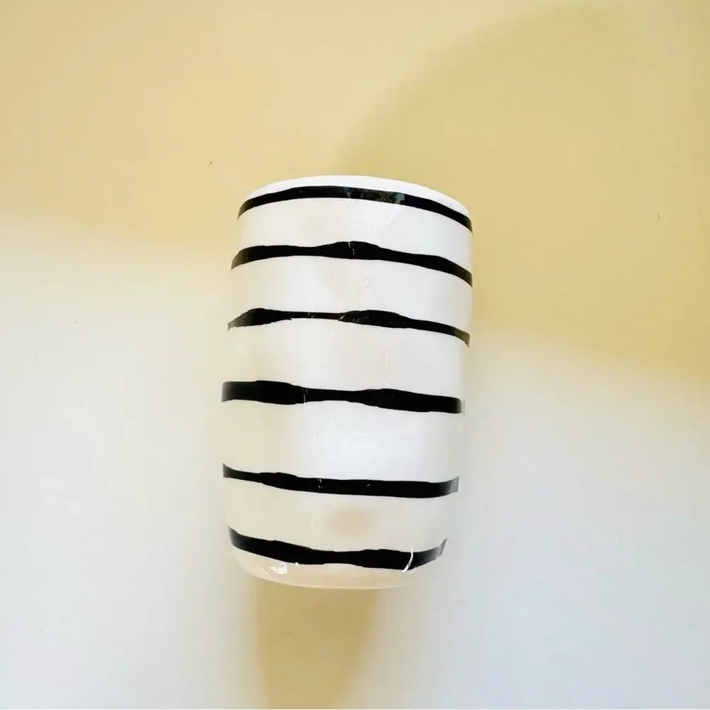 VINTAGE ANTHROPOLOGIE White Black Striped Gloss Ceramic Vase Planter Flower Pot